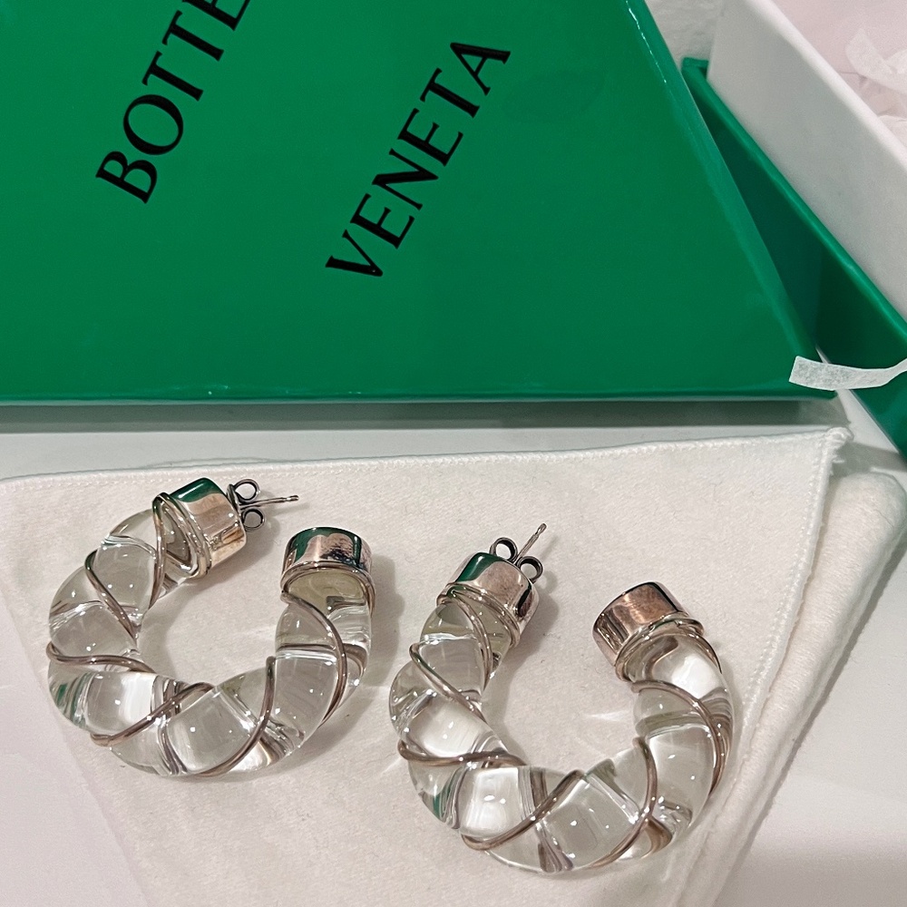 BOTTEGA VENETA Earrings Clear Glass Sterling Silver Hoops NWT